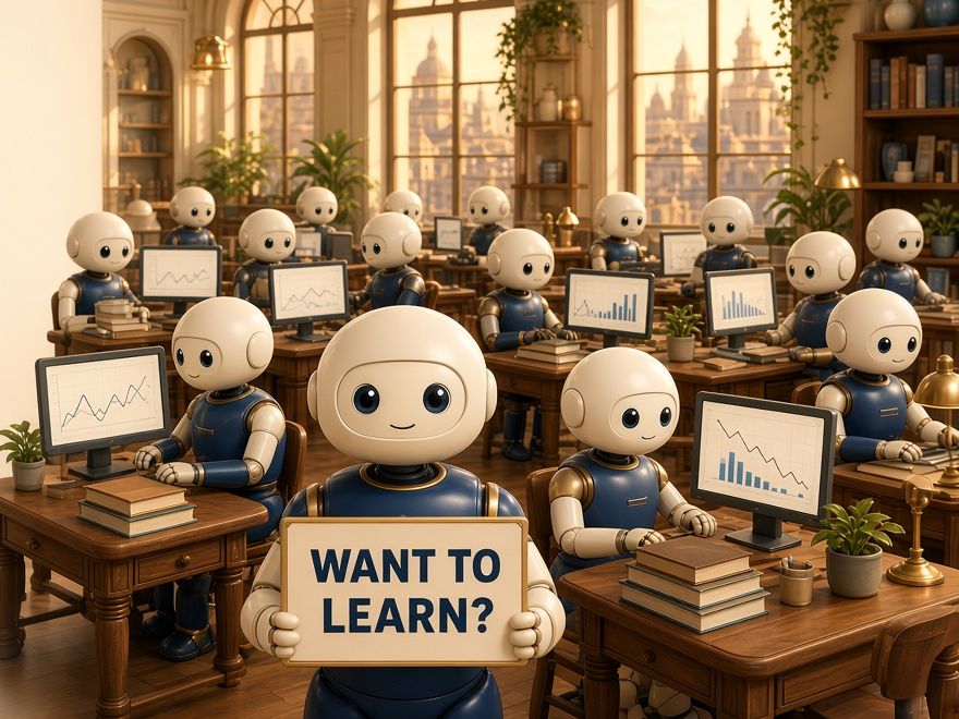 AI-generated illustration: friendly white robots with round faces and smooth heads at wooden desks with chart screens, books and plants in a sunlit hall with arched windows; one in front holds a sign that says Want to learn?